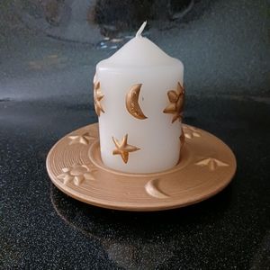 Vintage Gold Sun, Moon and Stars  on White Candle with Gold Candle Holde…